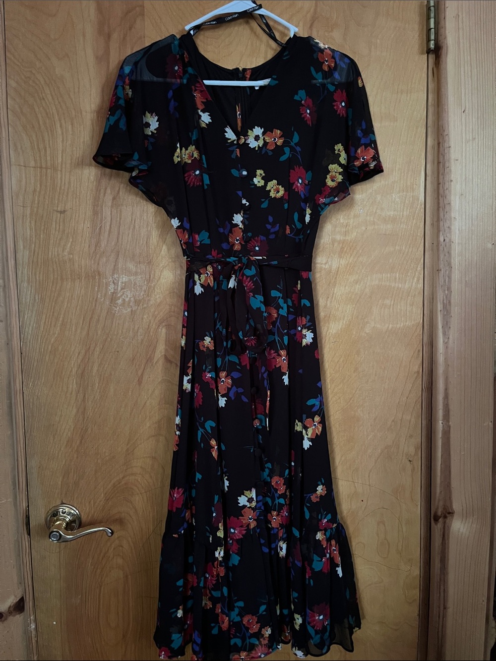 Black Floral Midi Dress with Tie Waist